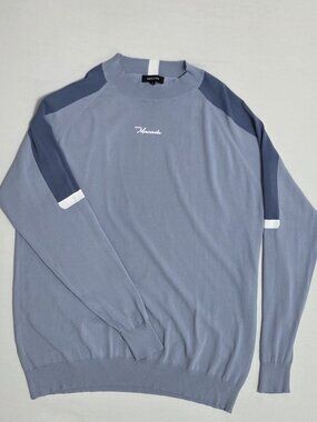 Macade Golf Men's XL Crewneck Knit Sweater Blue Colorblock Script Logo